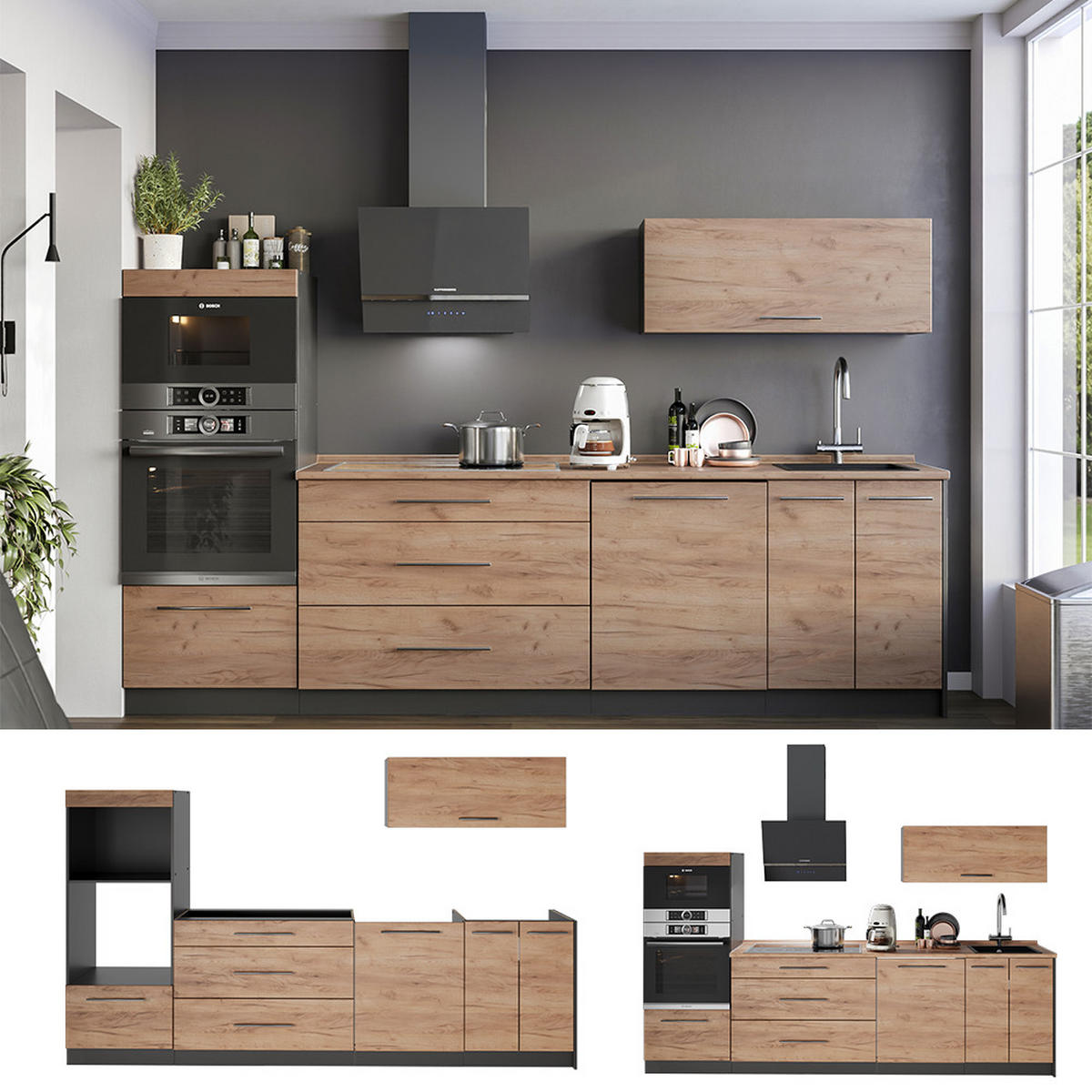 KUCHYNKA Fame-Line, Dub Goldkraft/antracitová, 280 cm, AP Marble - dub medový/antracitová, kompozitné drevo (280/153.6/60cm) - Vicco