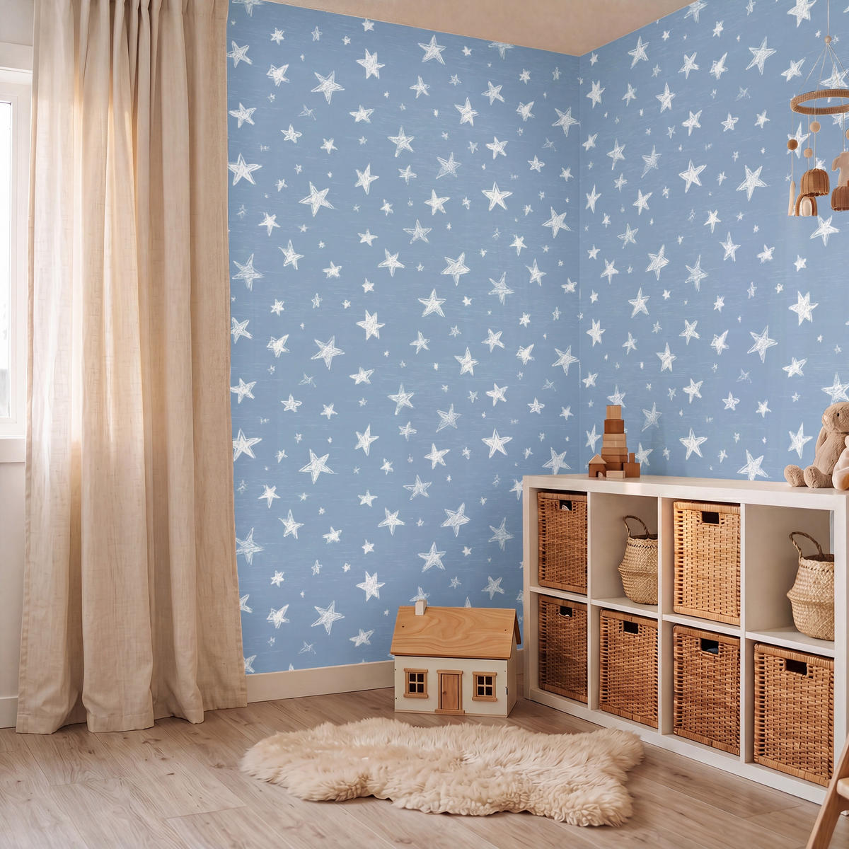 KINDERTAPETE - Sterne - Muster - Blau - 280x220 cm - Hellblau, Papier (280/220cm) - OnlyWow