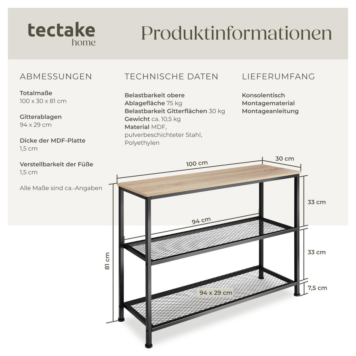 KONSOLENTISCH Bristol,100 x 30 x 81 cm,Industrial Holz hell, Eiche Sonoma - Naturfarben, Holz (100/30/81cm) - tectake
