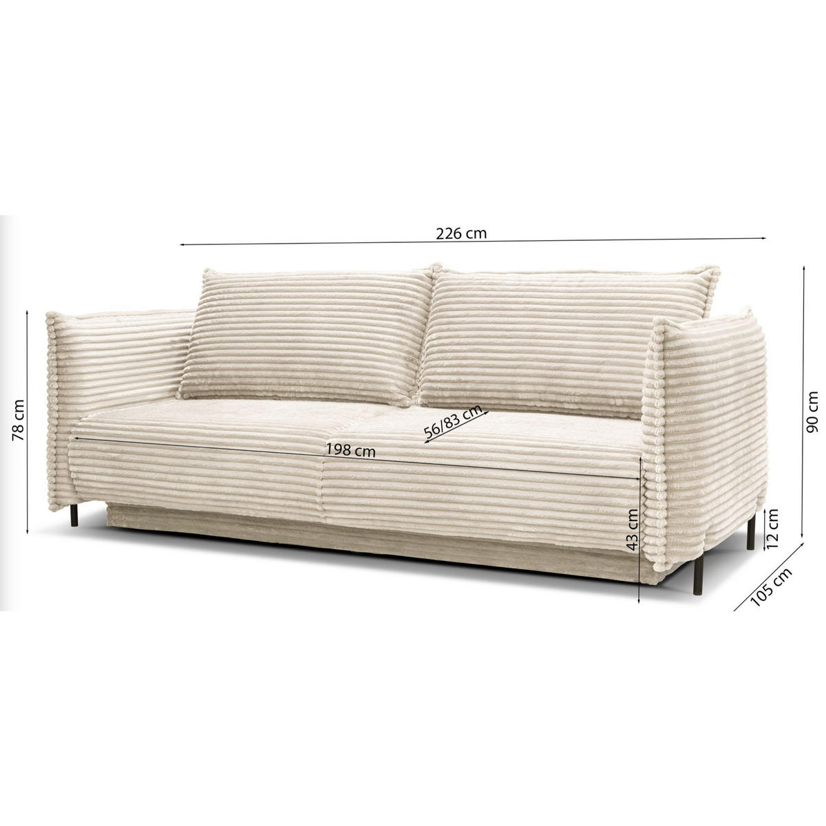 SOFA Amalfi greige mit Schlaffunktion - Taupe/Schwarz, Textil/Metall (226/90/105cm) - Selsey