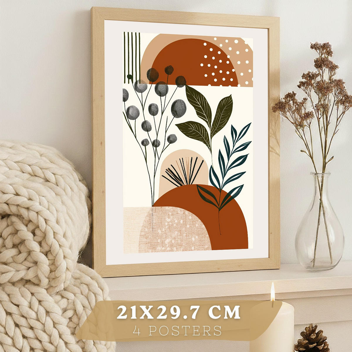 PLAKAT Sada 4 Abstraktní poušť A4 Lehký dřevěný rám - béžová, papír (29.7/1/21cm) - Nacnic
