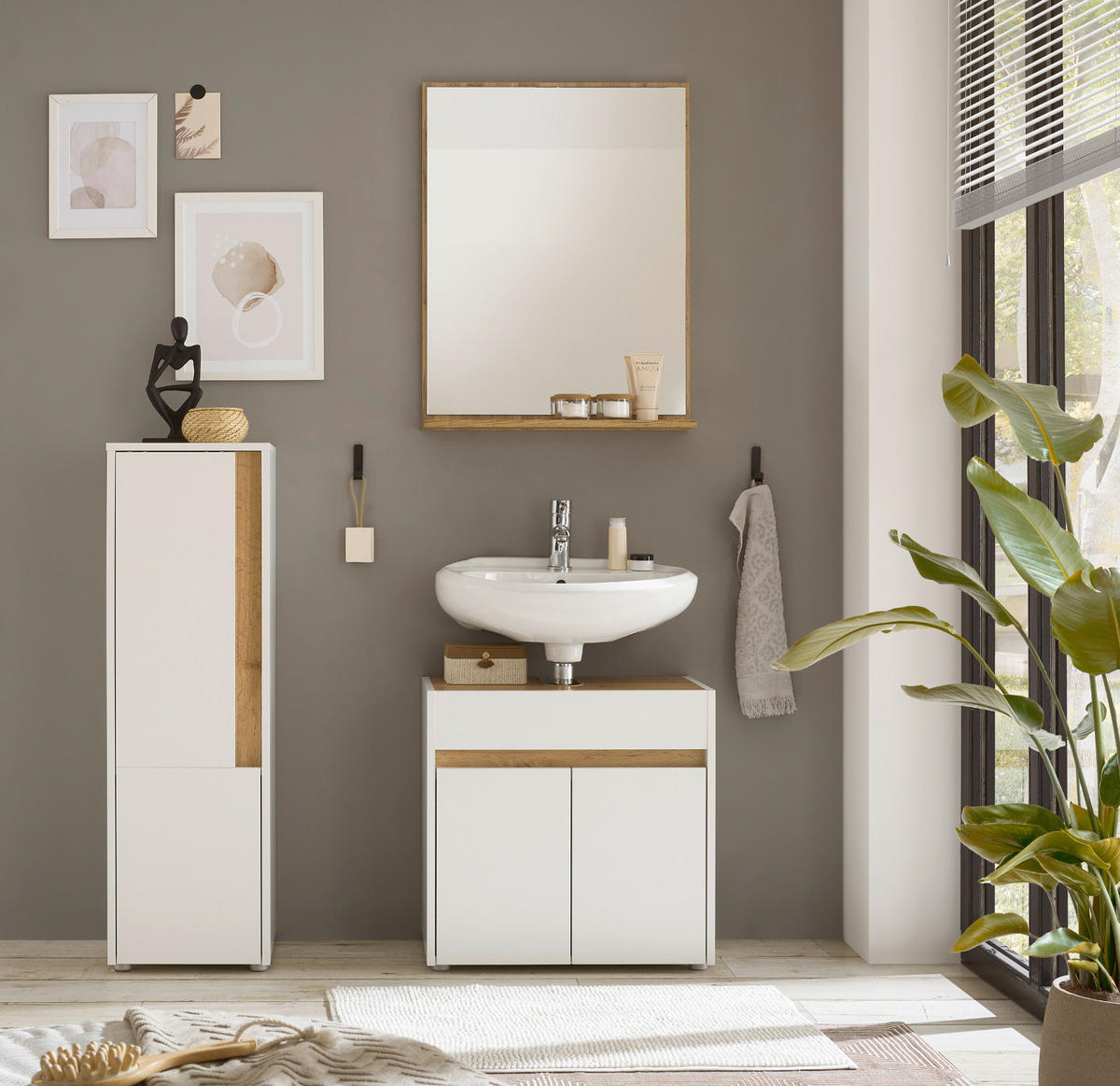 BADMÖBEL-SET 3-teilig weiß, Wotan Eiche, Badkombination 114 cm - Silberfarben/Eiche Wotan, Glas/Holz (116/200/34cm) - Furn.Design