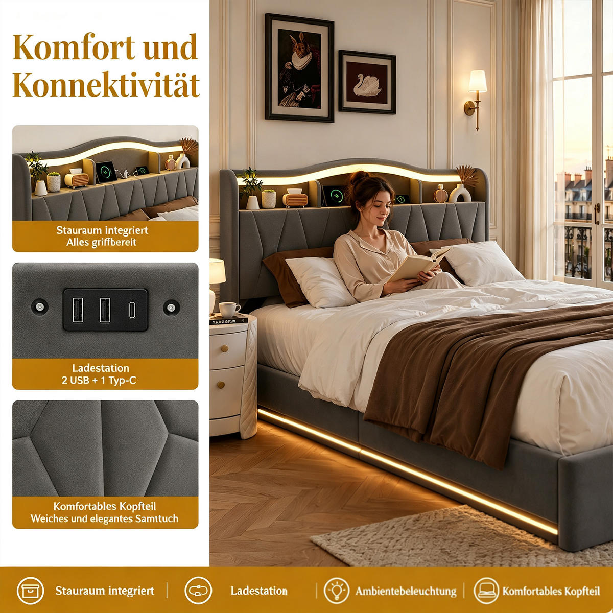 POLSTERBETT 140x200 mit stauraum, doppelbett mit LED, Bettkasten, Lattenrost, USB, Kopfteil, Samtstoff, Grau - Grau, Holz/Textil (140/200cm) - GENKI LIVING