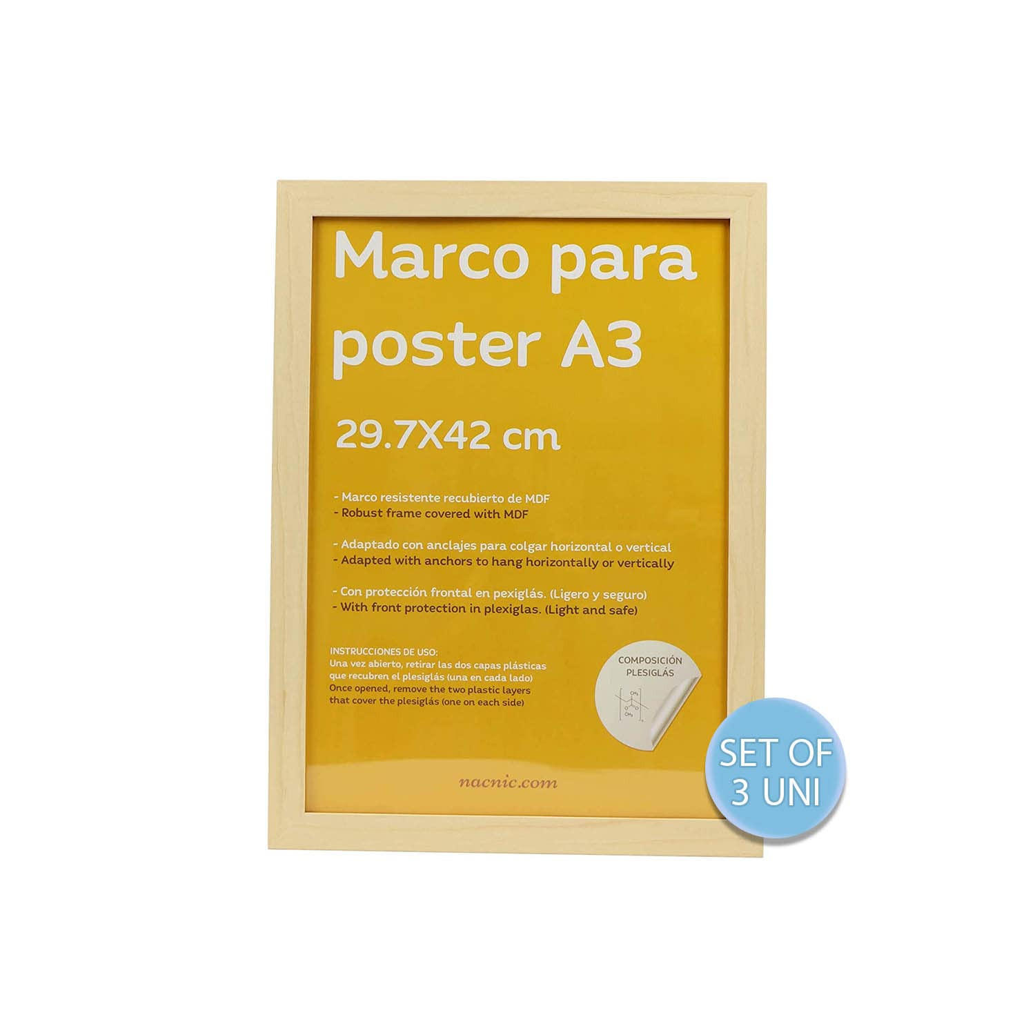 RAHMEN Set mit 3 aus MDF und Acrylglas Schutz und Aussteller für Fotografien, Bilder, Poster, Gemälde, Dekoration für Haus Farbe Hellholz A3 - Beige, Holz (29.7/3/42cm) - Nacnic