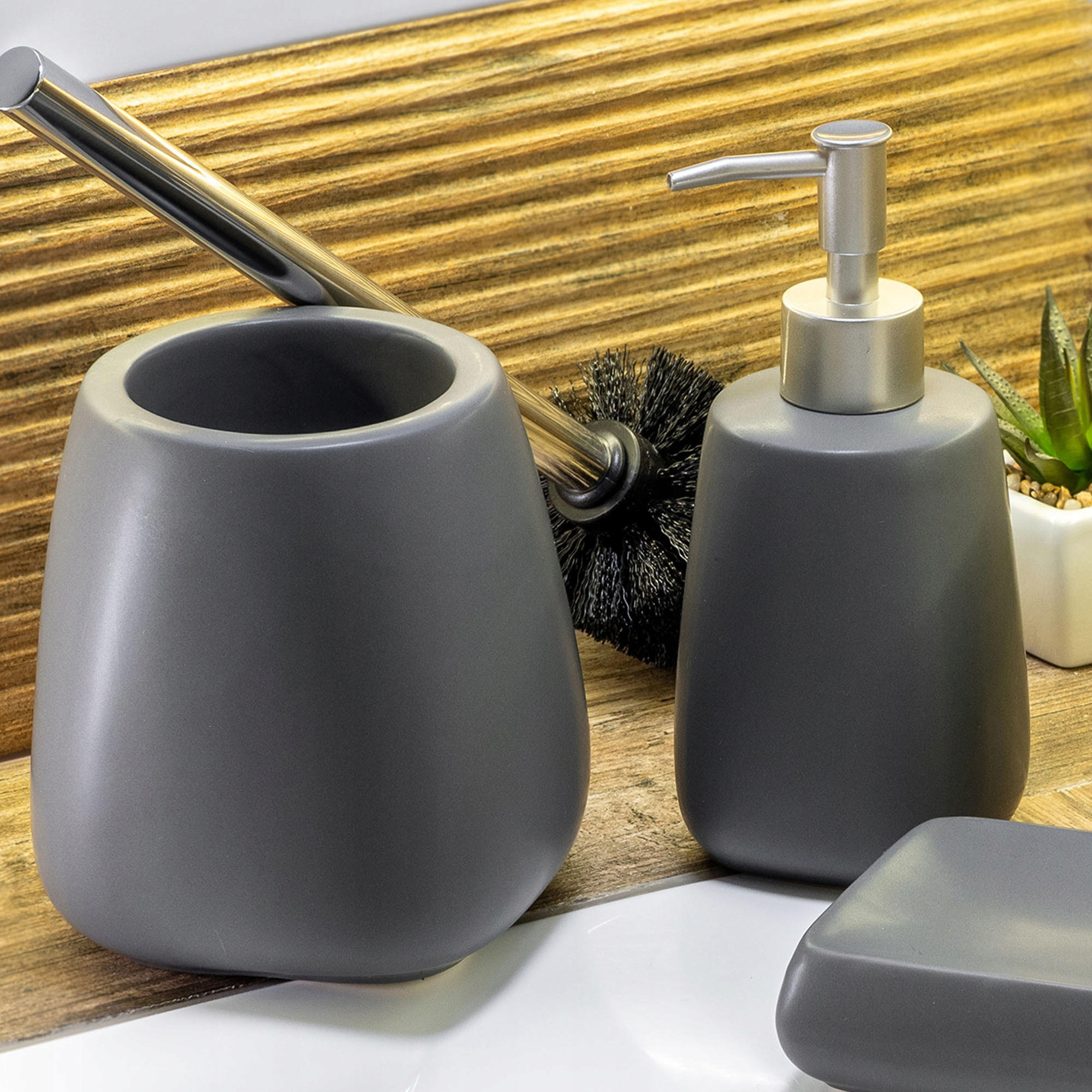 BADEZIMMERSET SEIFENSPENDER + WC-Bürstengarnitur, grau - Grau, Keramik/Kunststoff (12/36cm) - KADAX