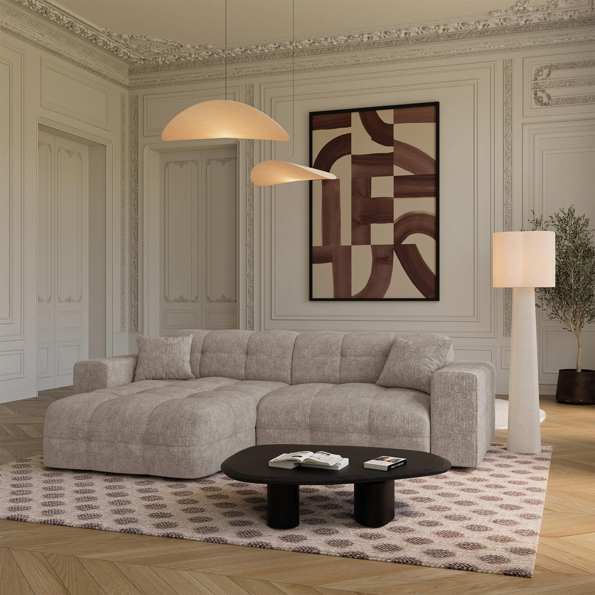 ECKSOFA (links) COCOON Geprägter Samt Taupe 230cm - Taupe, Textil (230/155cm) - Premium Interiors