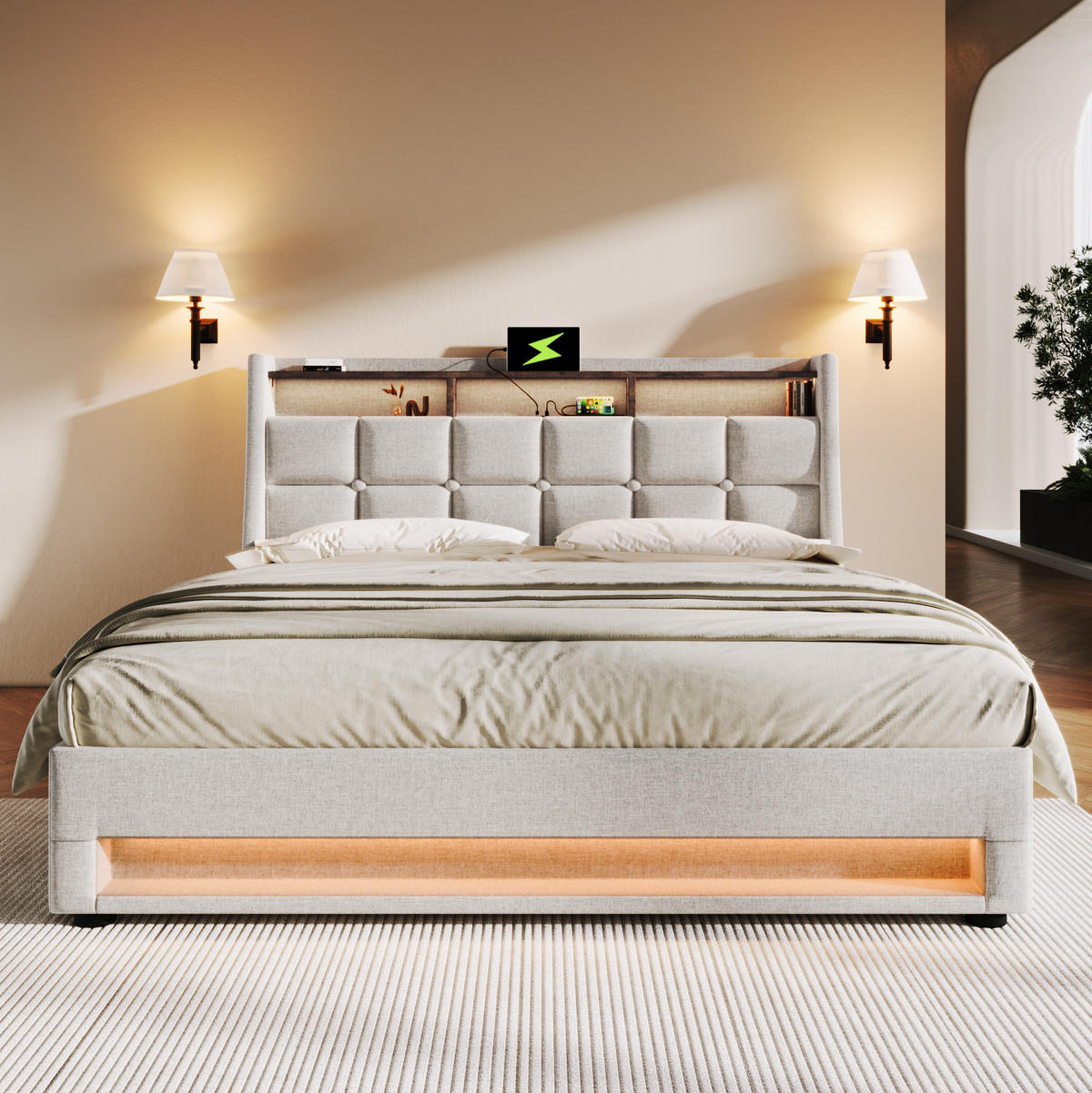 POLSTERBETT 160/200 cm Beige mit LED-Beleuchtung, USB und Stauraum - Beige, Textil (160/200cm) - Flora Grace
