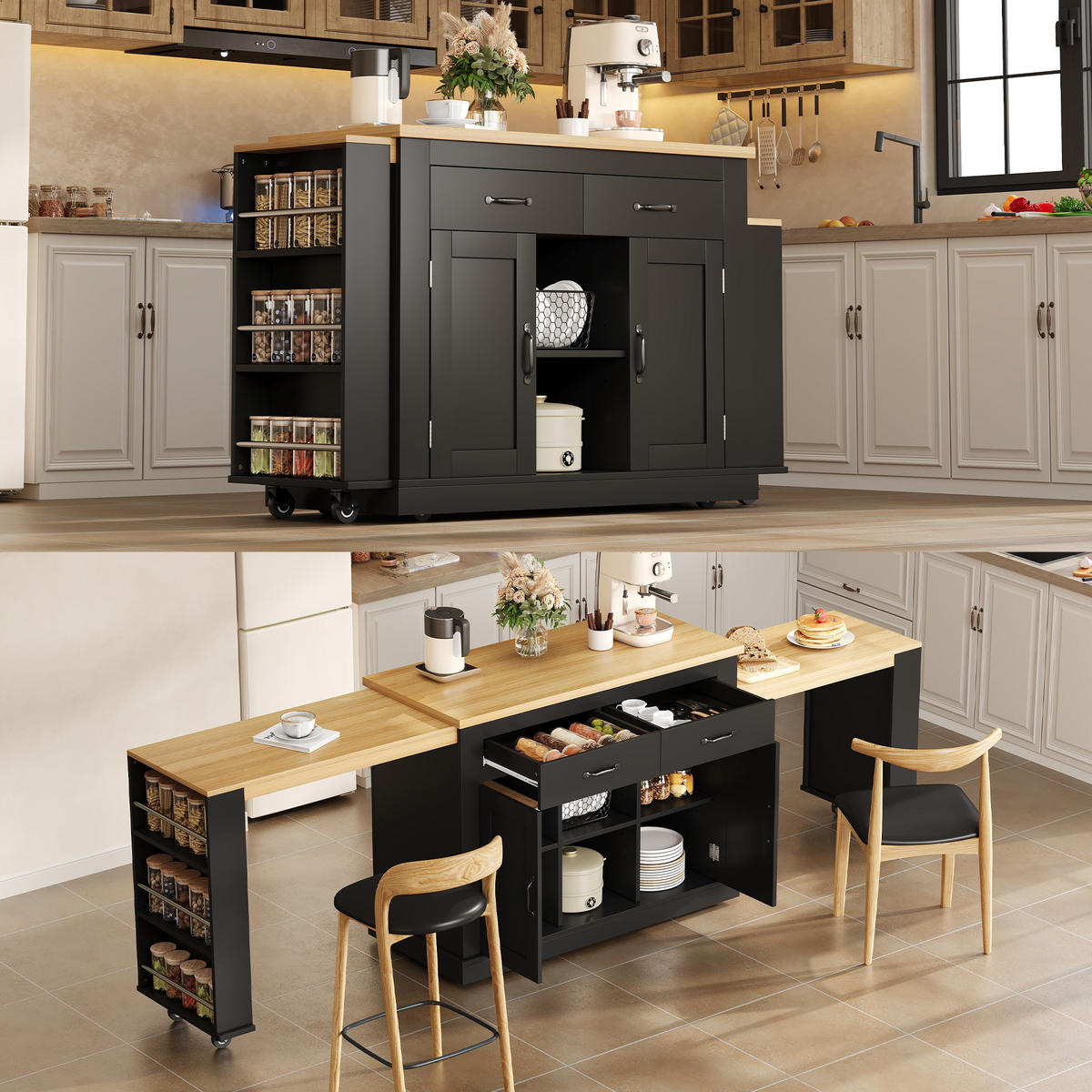 KÜCHENINSEL 133.5/60/93 cm Schwarz mit 2 Schubladen, 2 ausziehbaren Arbeitsflächen und 2xUSB-Anschlüsse - Schwarz, Holz/Holzwerkstoff (142/93/55cm) - Oxeza