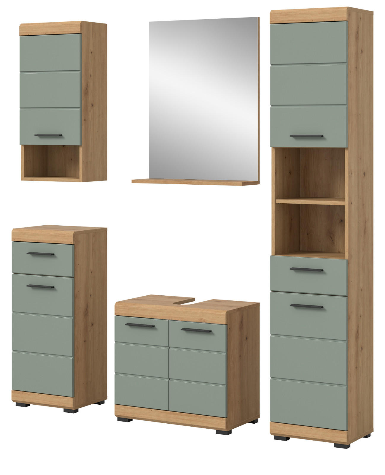 BADMÖBEL-SET Salbei grün, Eiche Artisan 5-teilig 164 cm, Komplettset mit viel Stauraum - Salbeigrün/Eiche Artisan, Glas/Holzwerkstoff (164/191/34cm) - Inn.Furn