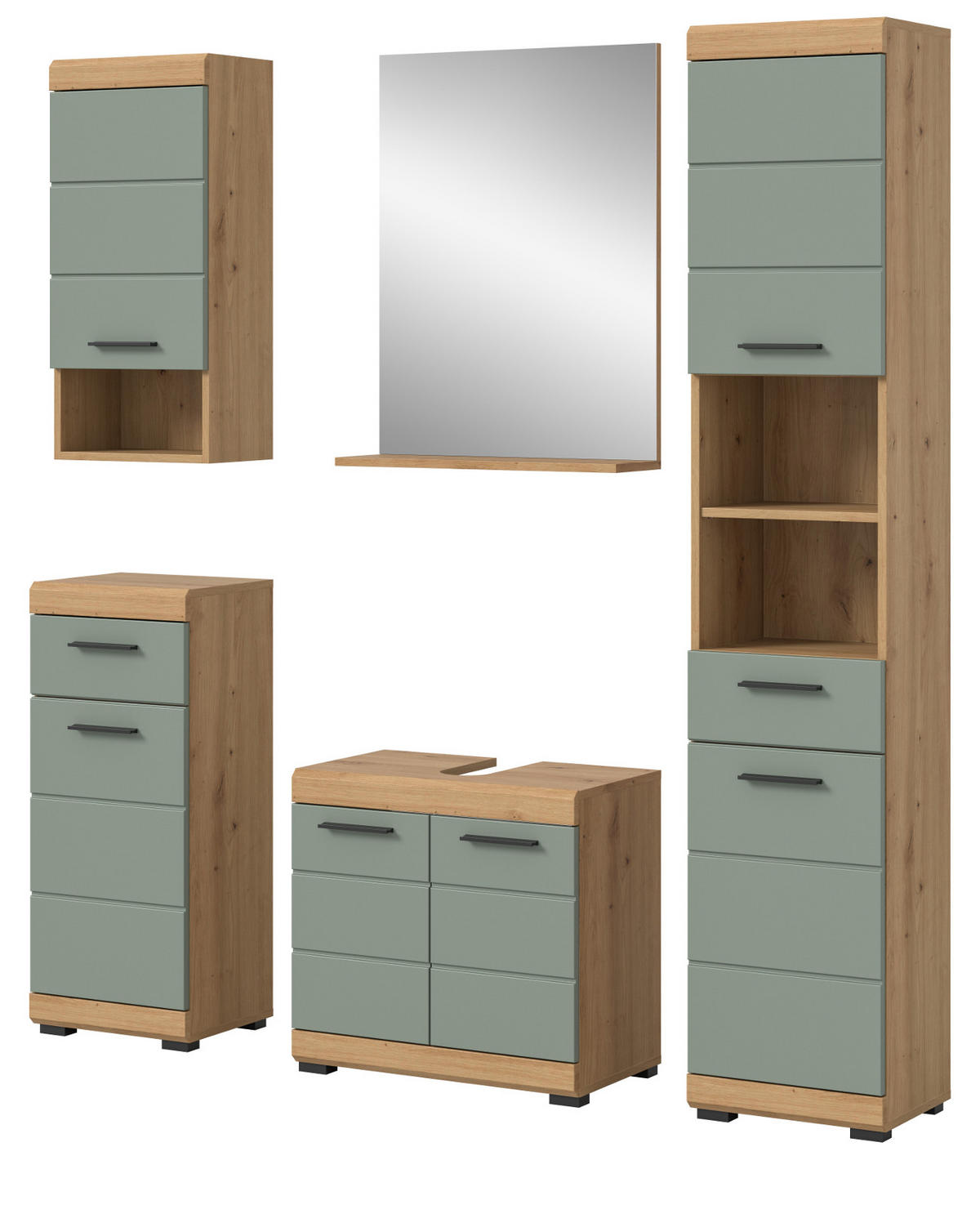 BADMÖBEL-SET Salbei grün, Eiche Artisan 5-teilig 164 cm, Komplettset mit viel Stauraum - Salbeigrün/Eiche Artisan, Glas/Holzwerkstoff (164/191/34cm) - Inn.Furn