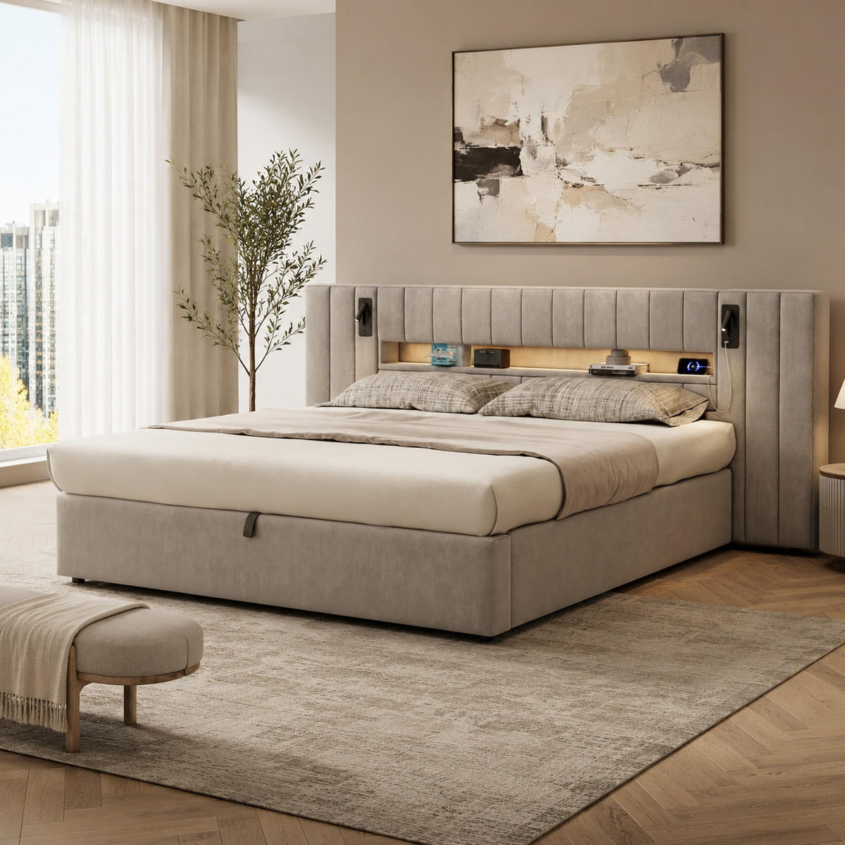 POLSTERBETT 180/200 mit Bettkasten, LED und USB in Grau - Grau, Holzwerkstoff/Textil (180/200cm) - EVRYAE