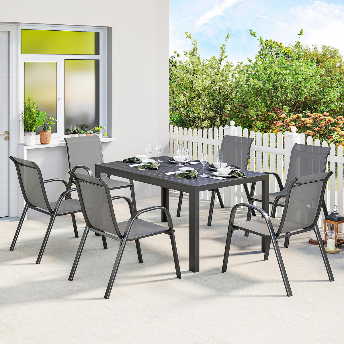 OUTDOOR-ESSGRUPPE 7er Set Stahl Hellgrau - Hellgrau/Schwarz, Textil/Metall - Outsunny