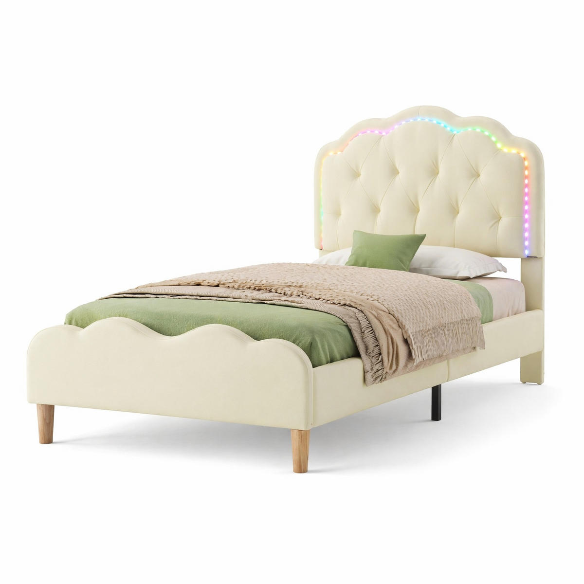 KINDERBETT 90/200 cm in Beige mit LED und Wellen-Kopfteil - Beige, Holzwerkstoff/Textil (90/200cm) - CHICFURN