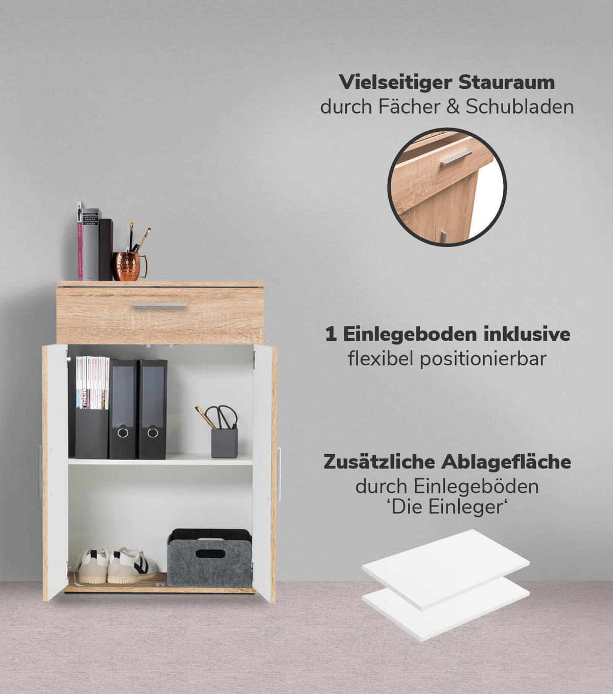 MEHRZWECKSCHRANK SET Der Allzweckwaffe - Silberfarben/Sonoma Eiche, Holzwerkstoff (60/180/34cm) - Mokebo