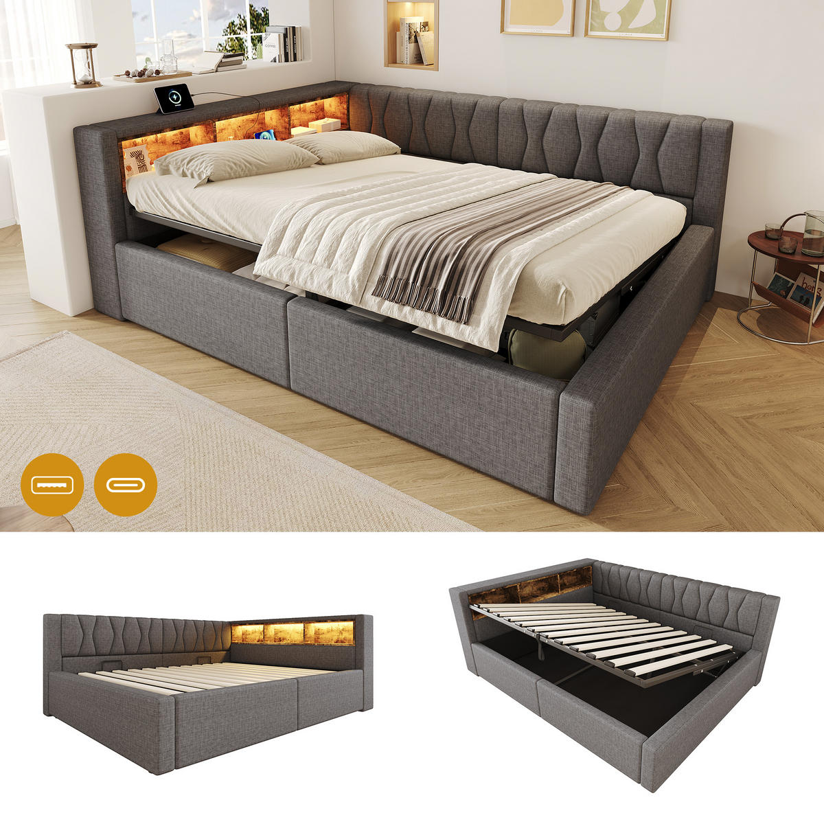 DENNÍ POSTEL 140x200cm Pohovka Úložná LED USB Šedá - šedá, přírodní materiály (140/200cm) - FLIEKS