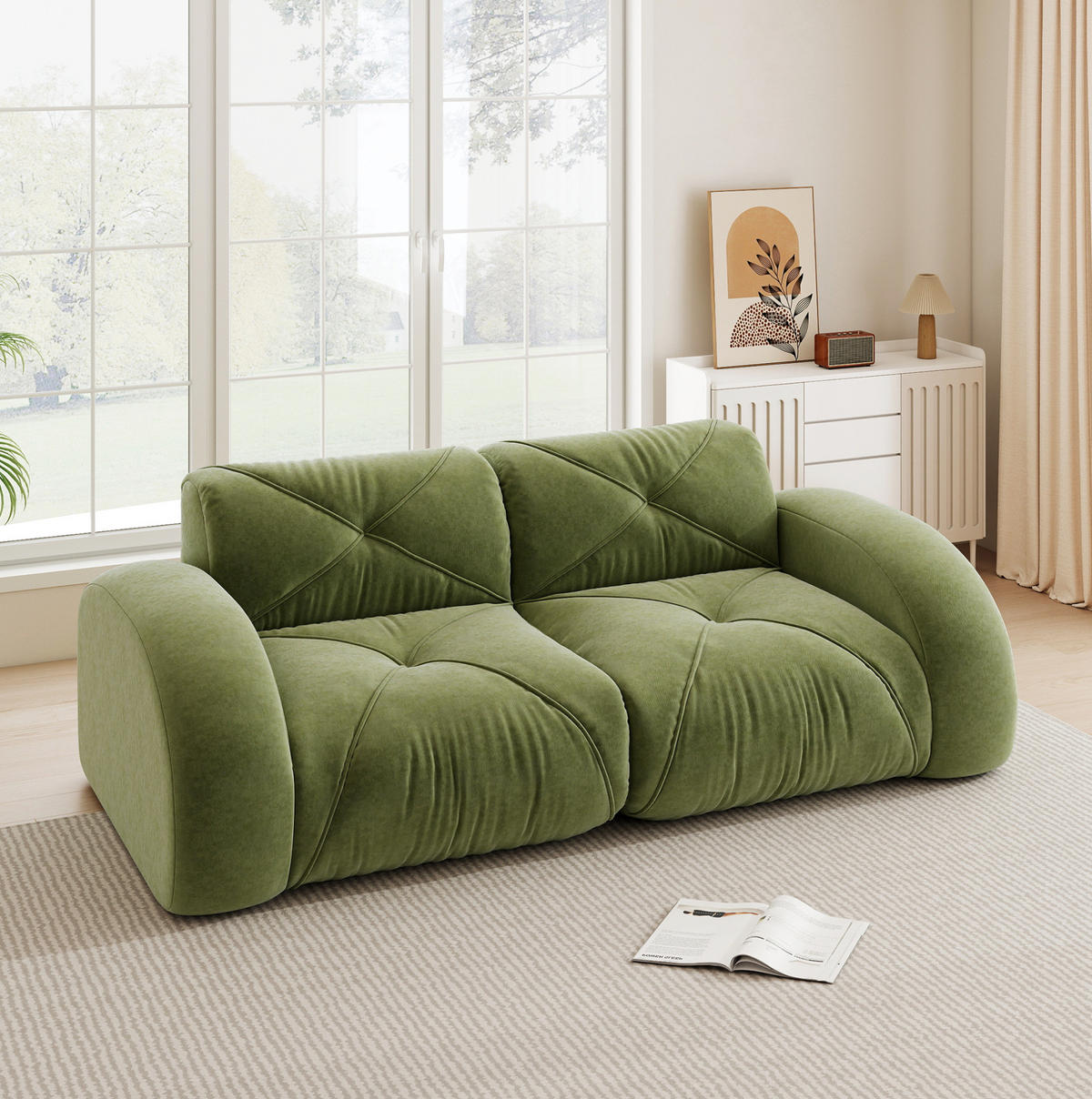 2-SITZER Modulsofa aus Chenille Grün rahmenlos mit 32D-Hochdichteschaum und flexiblem Aufbau - Grün, Textil (204/76/95cm) - Modfu