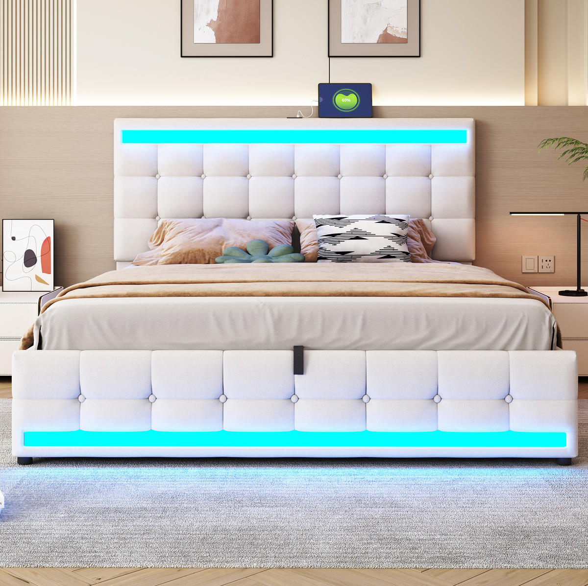 POLSTERBETT 180/200 cm Beige mit LED-Beleuchtung und USB-Anschlüssen - Beige, Textil (180/200cm) - OKWISH