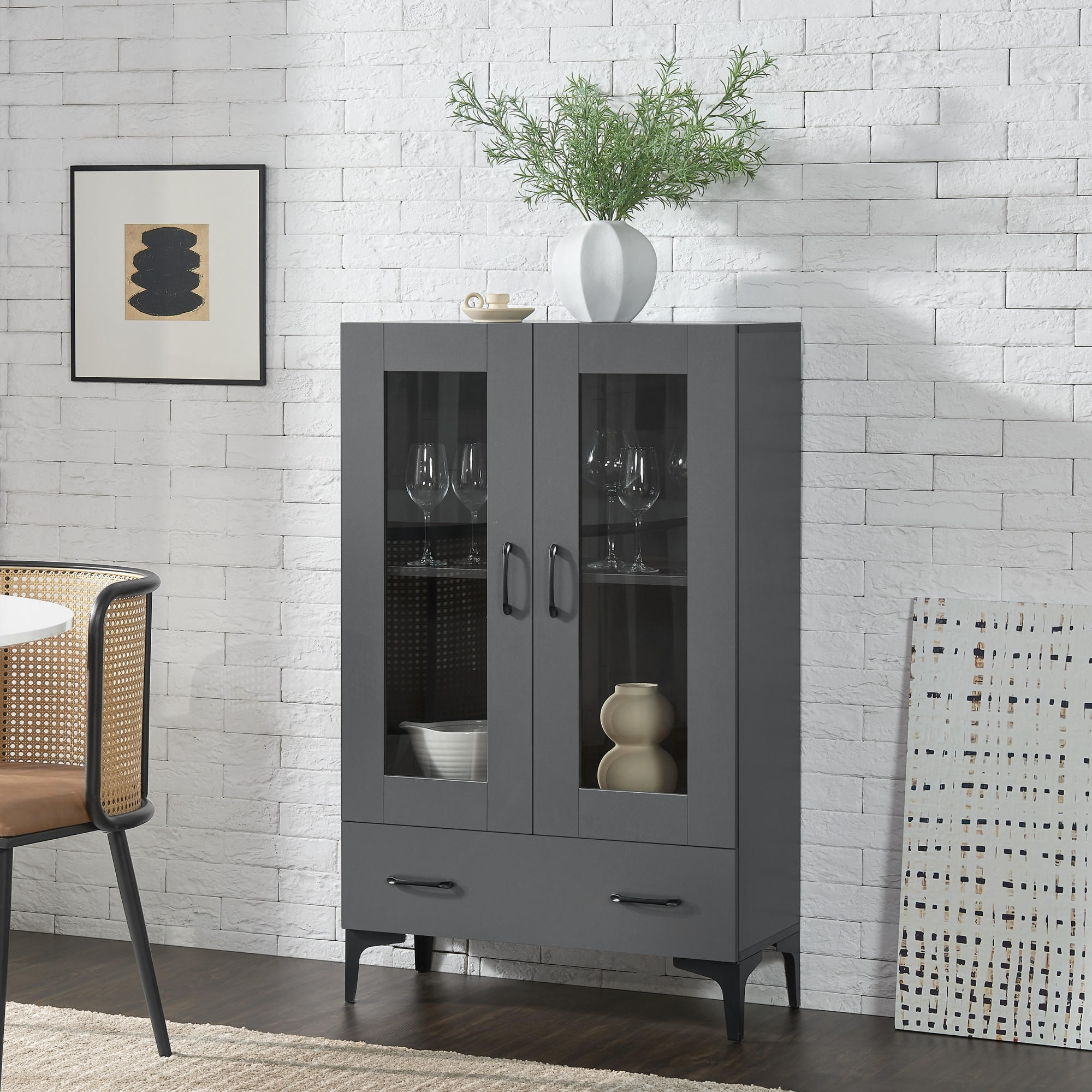 Thumbnail - [en.casa] Vitrine, Dunkelgrau, Holzwerkstoff, Glas, 1 Schubladen, Rechteckig, 70x115x31 cm, Wohnzimmer, Wohnwände, Vitri...
