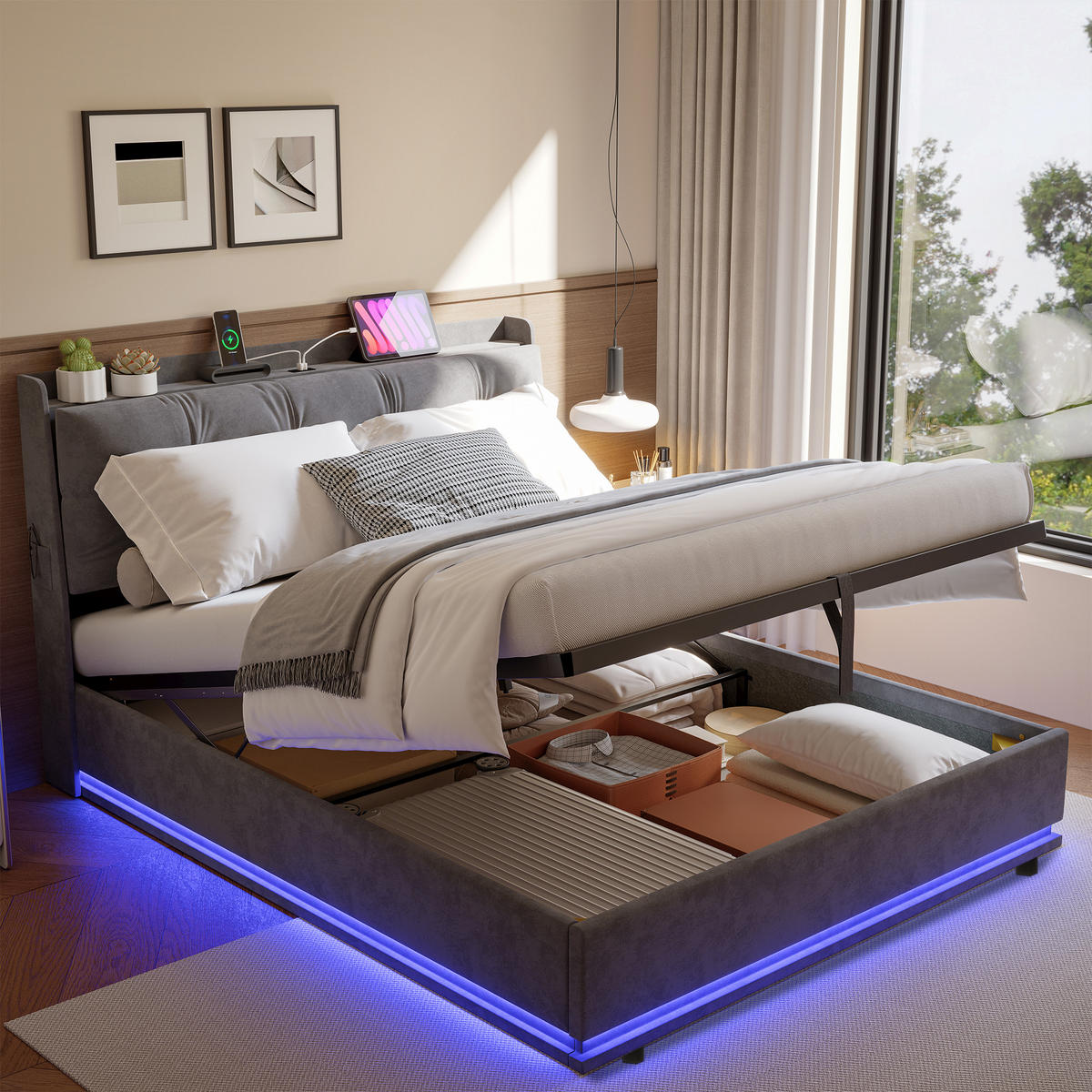 ČALÚNENÁ posteľ 160x200 cm, zamatovosivá, s boxom na posteľ, LED a USB-C - sivá, drevo (160/200cm) - SHOPENTRA