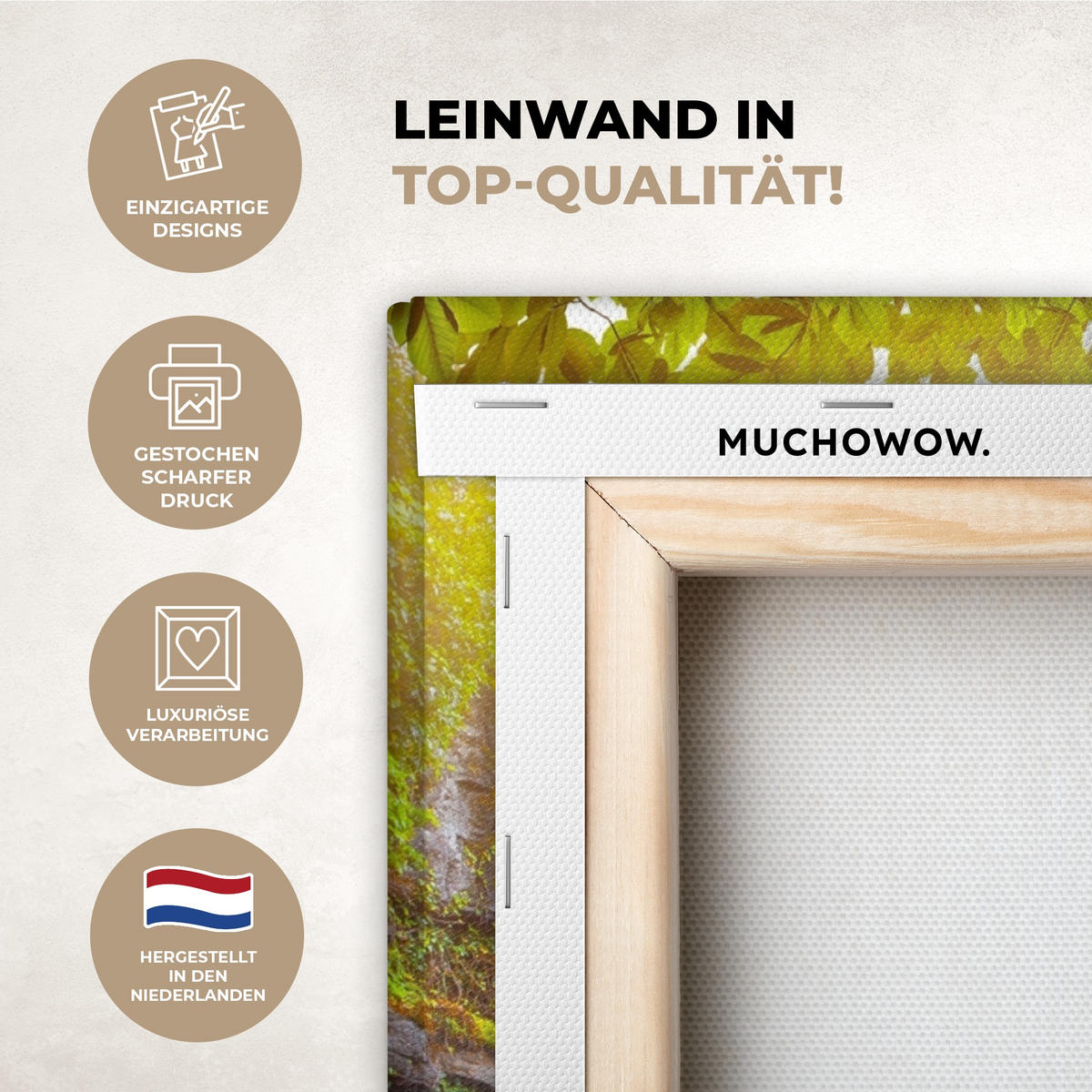 LEINWANDBILD Natur - Wasserfall - Pflanzen - Bäume - Sonne Wandbild Wohnzimmer 60x80 cm - Olivgrün, Textil (60/80cm) - MuchoWow