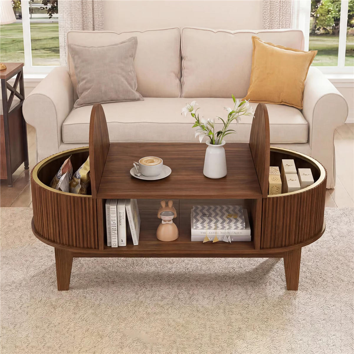 COUCHTISCH oval Stauraum Ablage Walnuss 100x50,4x50 - Braun, Holz (100/50/50.4cm) - Kaket