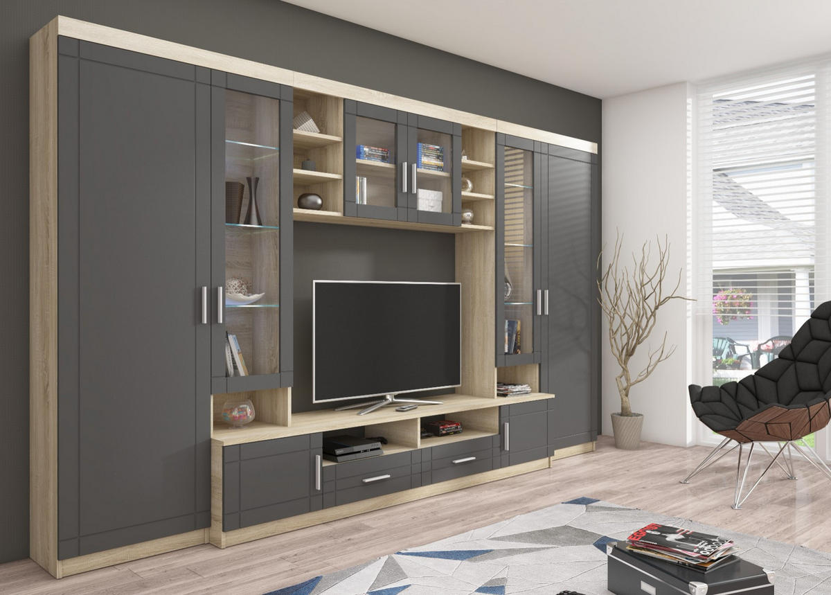 WOHNWAND Savanna mit TV-Lowboard, Vitrinen, 340x198 cm, sonoma, grau - Grau/Sonoma Eiche, Metall (50/198/340cm) - Margaret Hadas24
