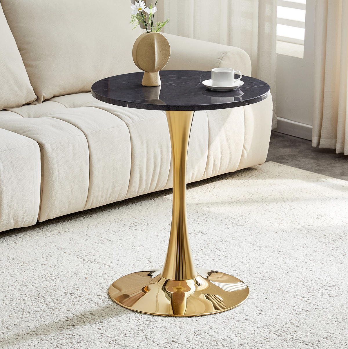 BEISTELLTISCH aus MDF und Metall 60x60x72 cm Schwarz/Gold in Marmoroptik mit runder Tischplatte und stabilem Stand - Schwarz, Holzwerkstoff (60/60/72cm) - Modfu