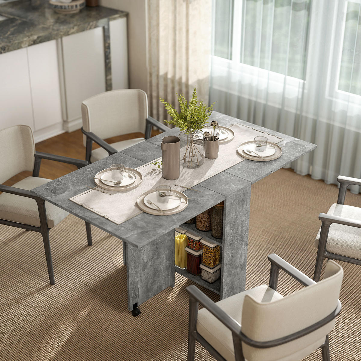 KLAPPTISCH DE-16472 klappbar, auf Rollen, 2 Regale Natur - Grau, Holzwerkstoff (75/140/74cm) - ComfortXL