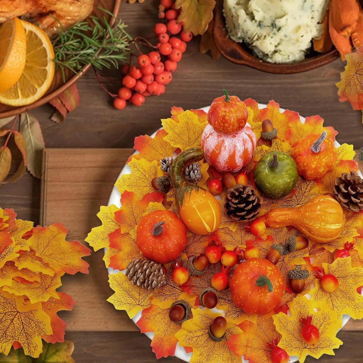 HERBSTDEKO Set 96-teilig Künstliche Kürbisse Ahornblätter Tannenzapfen Eicheln - Multicolor, Kunststoff (10cm)