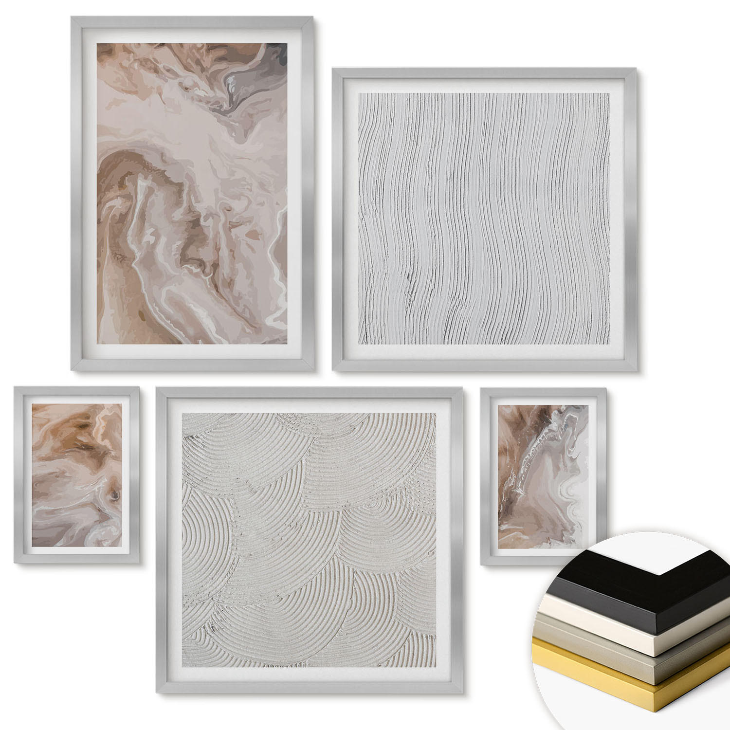 WANDBILDER 5er Set - 50x50 cm & 20x30 cm & 40x60 cm Silberner Rahmen - Abstrakte Marmormuster aus Stein - Silberfarben, Kunststoff (40/60cm) - ArtPrintCave