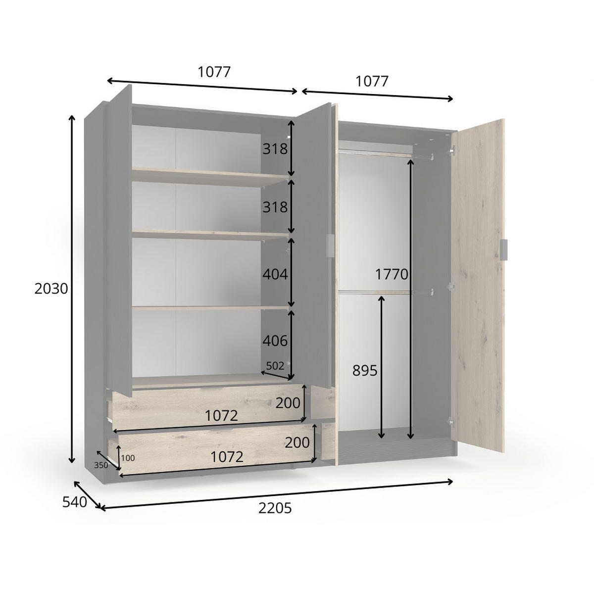 KLEIDERSCHRANK Upsala graphit / Eiche Artisan 220,5 / 54 / 203cm - Eichefarben/Graphitfarben, Holzwerkstoff/Kunststoff (220/203/54cm) - Feldmann-Wohnen
