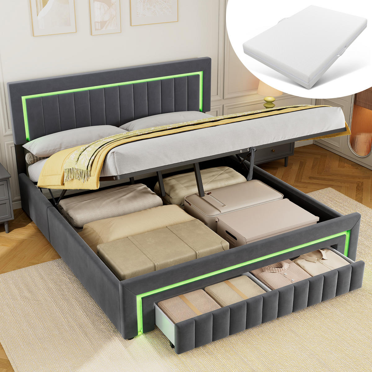 POLSTERBETT 180/200 mit Matratze und Bettkasten, mit Schubladen und LED, in Grau - Grau, Holzwerkstoff/Textil (180/200cm) - STILVORA