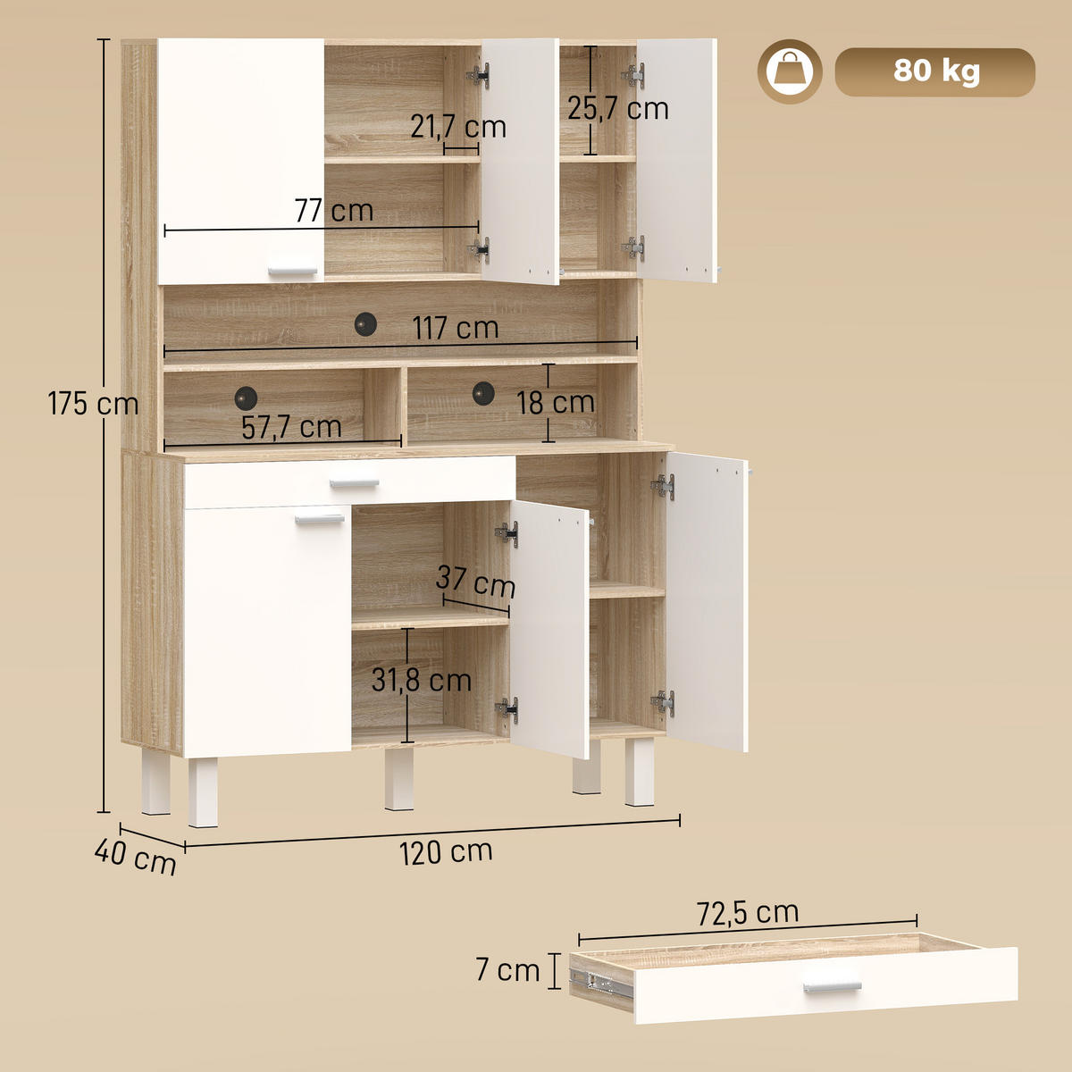 KÜCHENSCHRANK Weiß und Naturholz-Optik, 6 Türen, 120/40/175 cm - Weiß, Holzwerkstoff (120/175/40cm) - PANGIVO