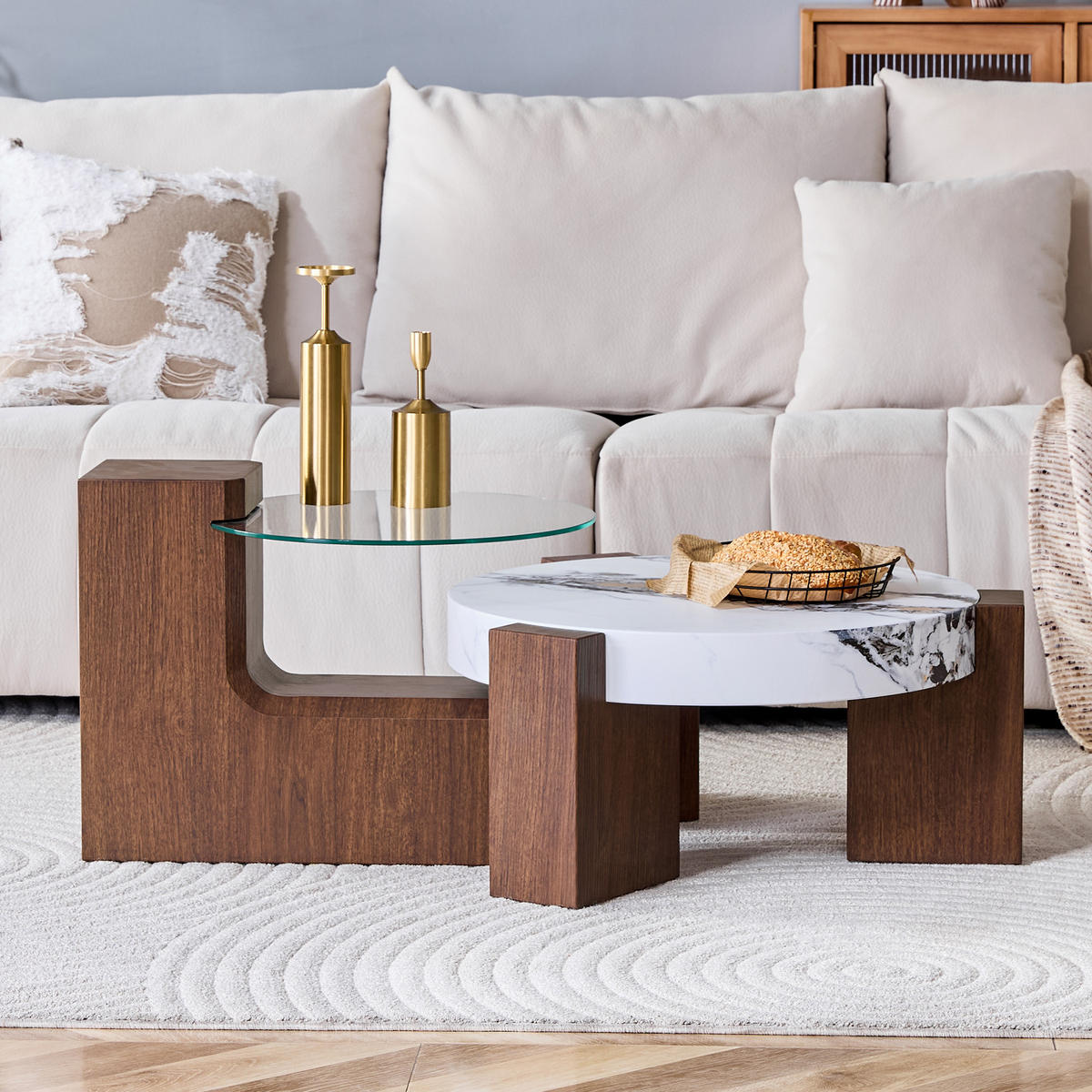 COUCHTISCH in Naturfarbe und Weiß 2er-Set Couchtisch-Kombination für Wohnzimmer, B44/T62/H44 cm, Ø61/H30 cm - Walnussfarben/Weiß, Glas/Holzwerkstoff (61/61/30cm) - STILVORA