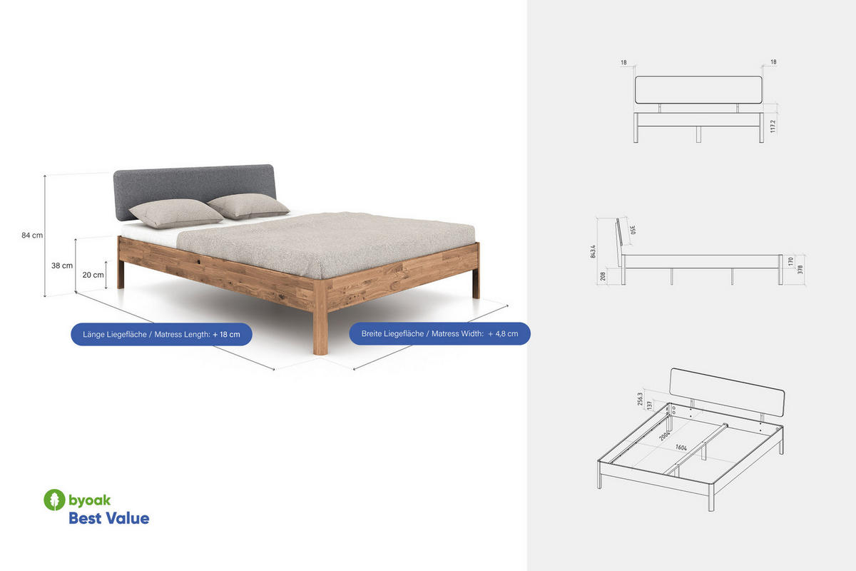 MASSIVHOLZBETT PENNY 180x200 MIT POLSTERKOPFTEIL Wildeiche - Wildeiche, Holz (180/200cm) - byoak