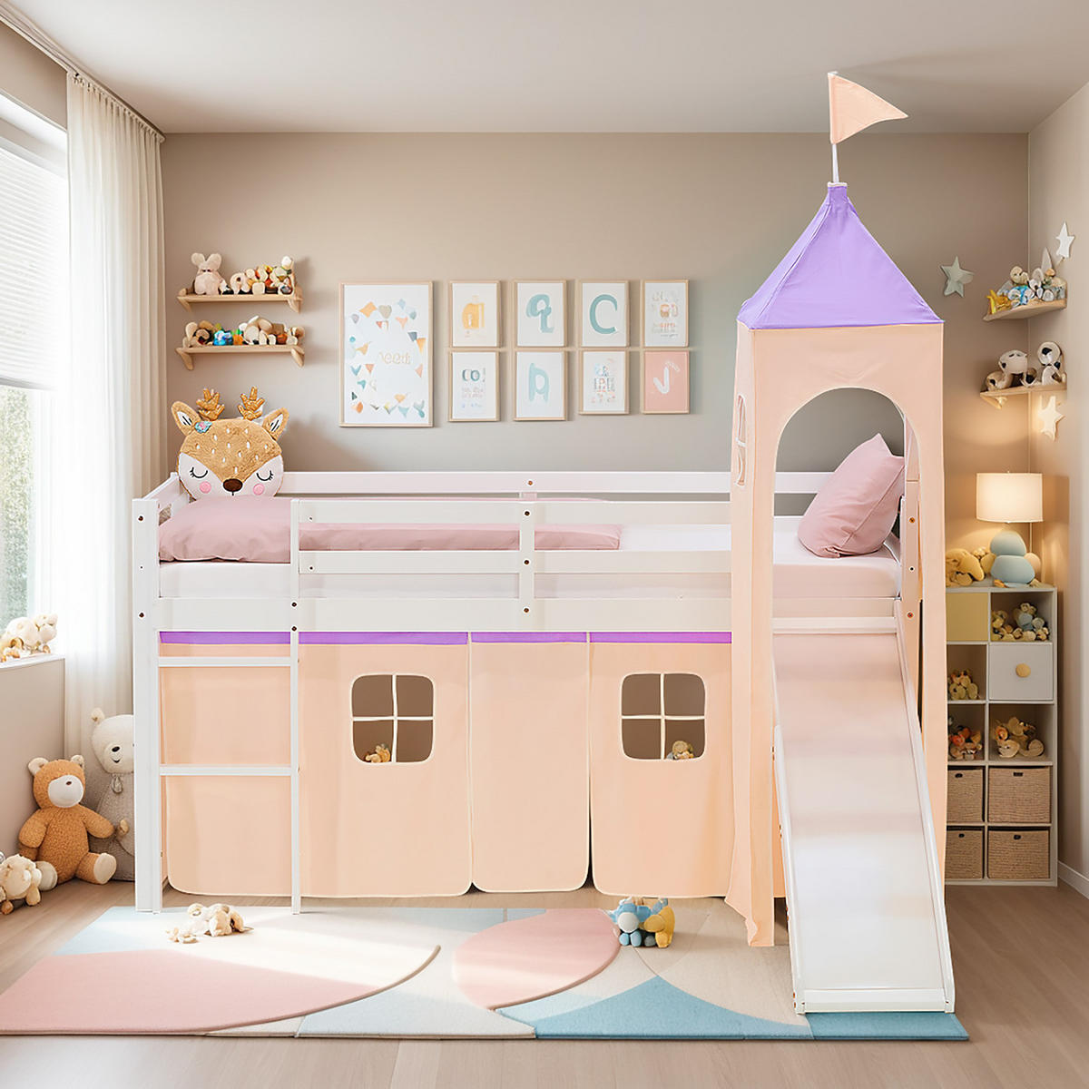 HOCHBETT 90/200 cm in weiß Rutsche Turm Bettvorhang peach Lattenrost - Lila/Weiß, Holz/Textil (90/200cm) - Homestyle4u