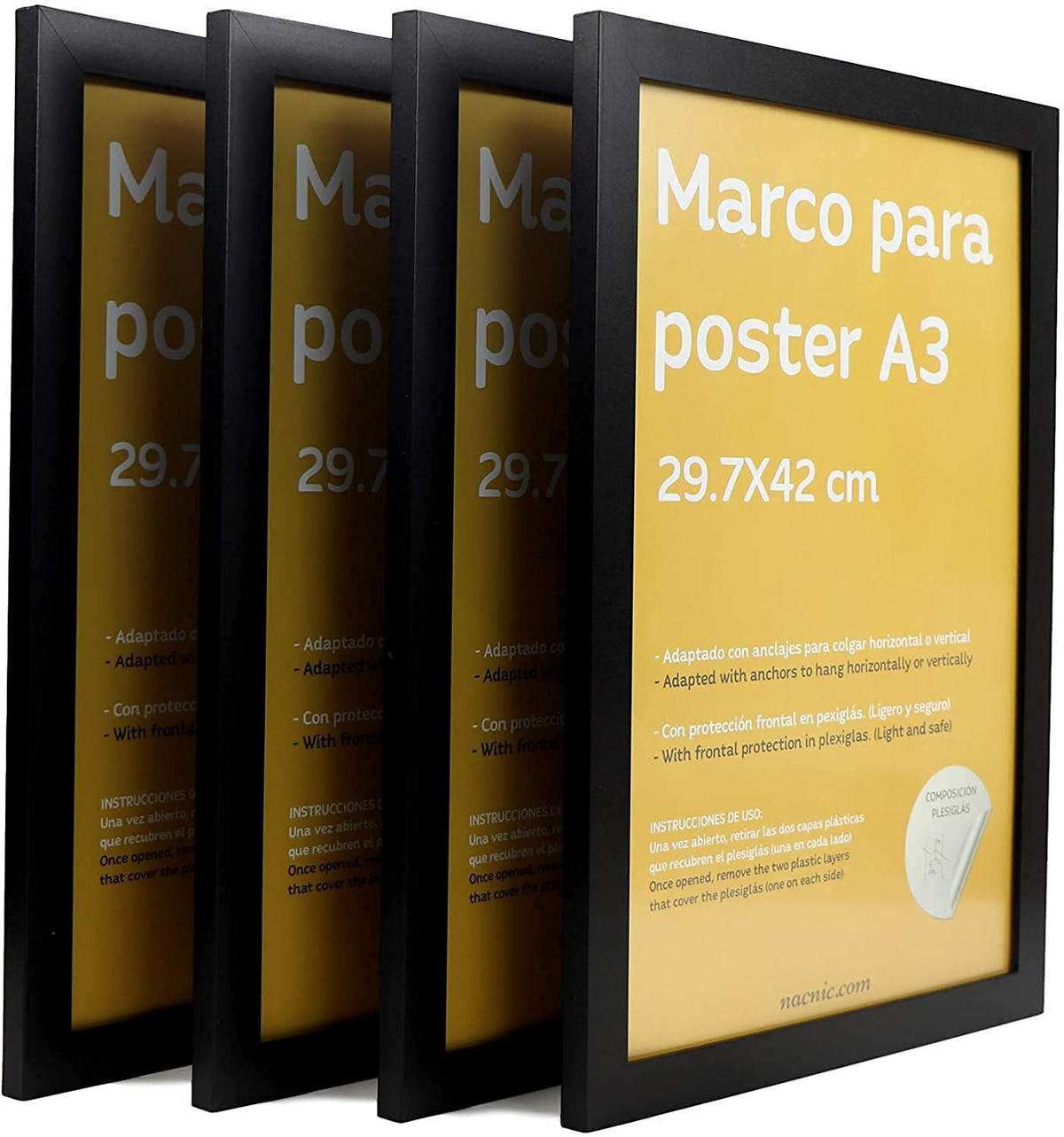 RAHMEN Set mit 12 aus MDF und Acrylglas Schutz und Aussteller für Fotografien, Bilder, Poster, Gemälde, Dekoration für Haus Farbe Schwarz A3 - Schwarz, Holz (29.7/3/42cm) - Nacnic