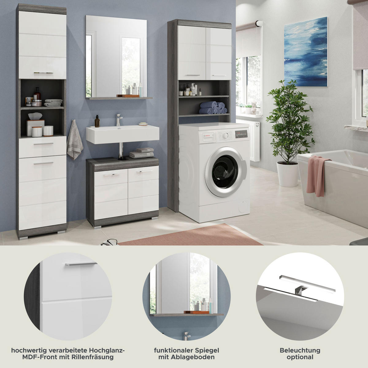 BADKOMBINATION 4tlg. Scout Bad in Rauchsilber Nachbildung und weiß hochglanz B/H/T: 190x191x34 cm - Anthrazit, Holz (190/191/34cm)