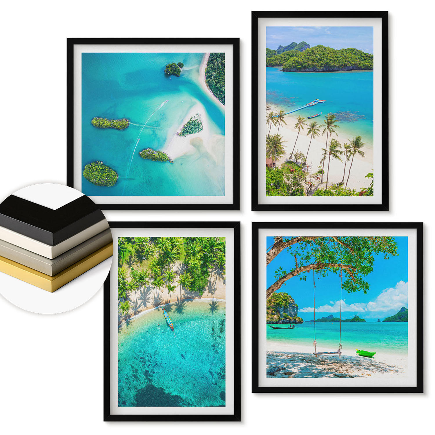 WANDBILDER 4er-Set - 50x50 cm & 40x60 cm Schwarzer Rahmen - Strände, Palmen, kristallklares Wasser - Schwarz, Kunststoff (50/50cm) - ArtPrintCave