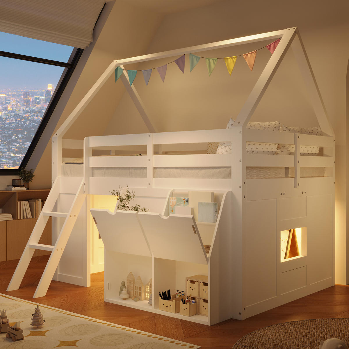 HOCHBETT 140/200 cm in Weiß mit Treppe, LED und Aufbewahrungsboxen im Hausdesign - Weiß, Holzwerkstoff (140/200cm) - STILVORA