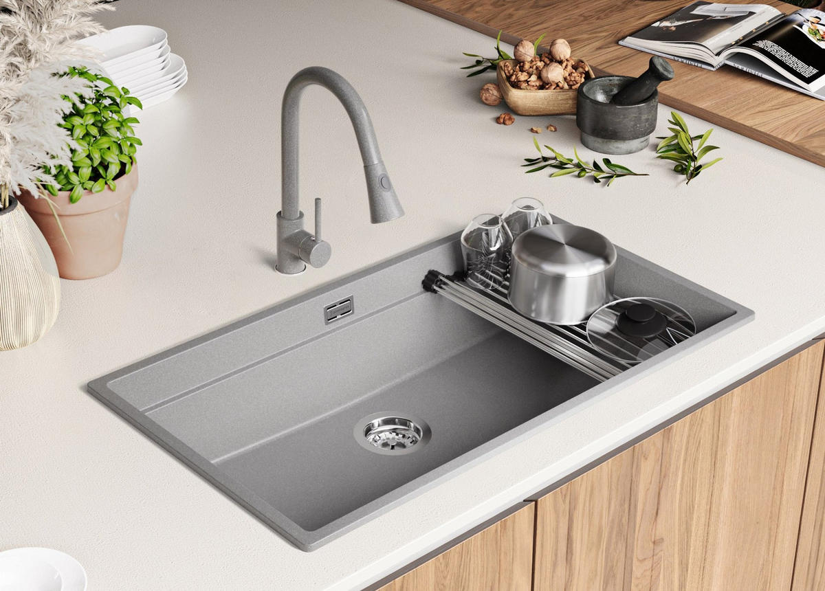 GRANITSPÜLE Praga Slim, 2-er set Grau 86/47 cm 1 Becken + Küchenarmatur 40/20 cm + Ablauf-Set + Aufrollbare Abtropffläche ab 90er Unterschrank - Chromfarben/Grau, Kunststoff (86/20/47cm) - Primagran