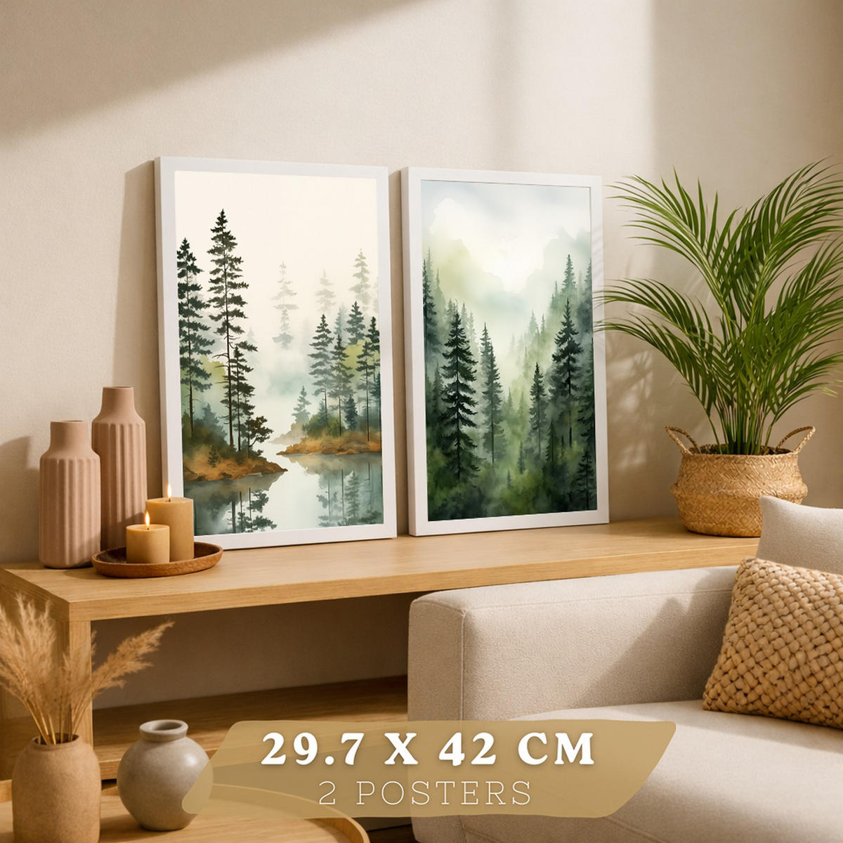 PLAKAT Sada 2 dekorativních tisků Nordic Forest Landscape obývák Obrázky - zelené a hnědé dekorativní plakáty Obývací pokoj A4 bílý rám - bílá, papír (29.7/42/3cm)