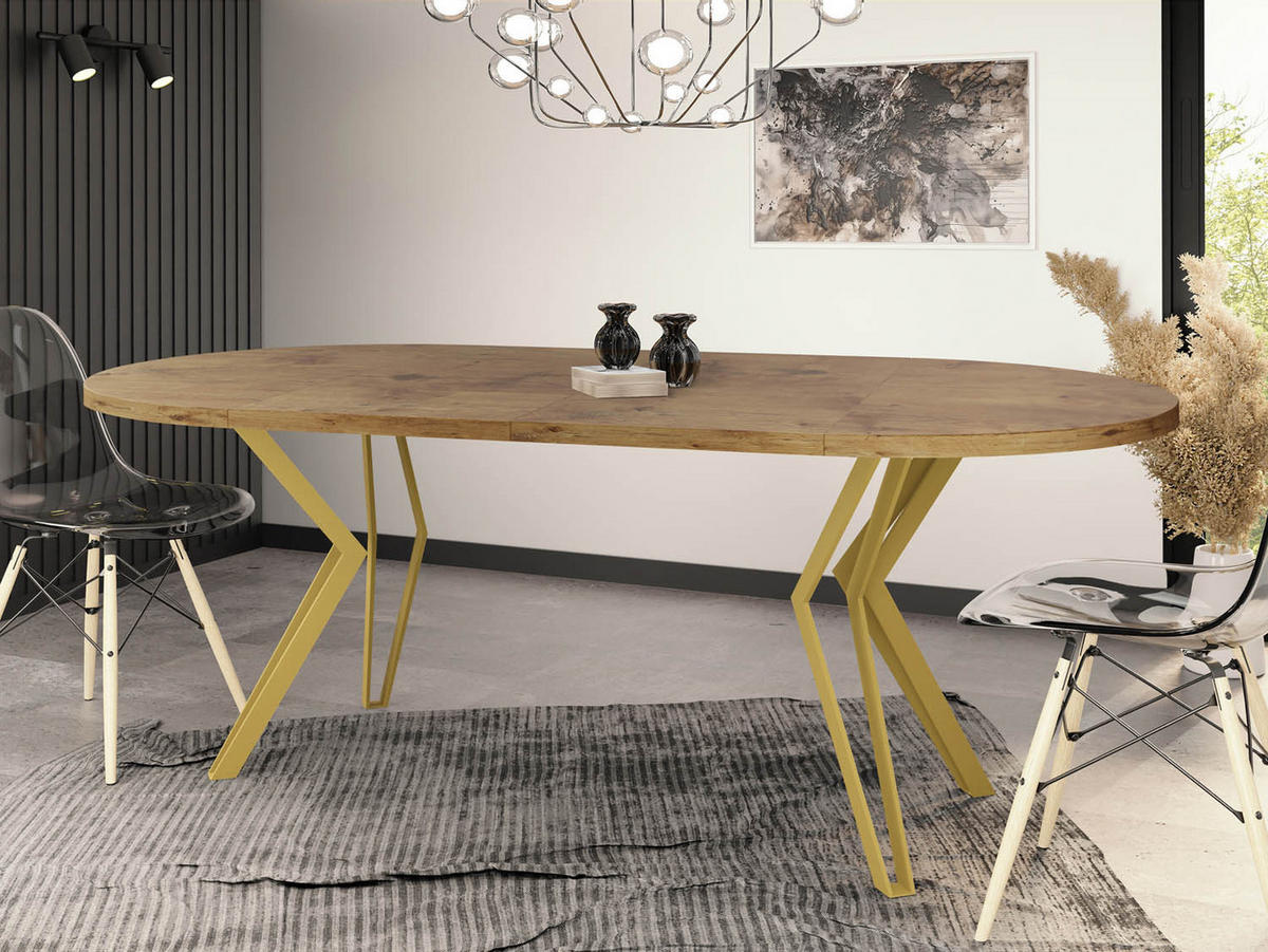 ESSTISCH Daisy runder ausziehbarer, Lancelot Eiche 120-200/100/76 cm - Eichefarben/Goldfarben, Holzwerkstoff/Metall (120/120/76cm) - WFL GROUP