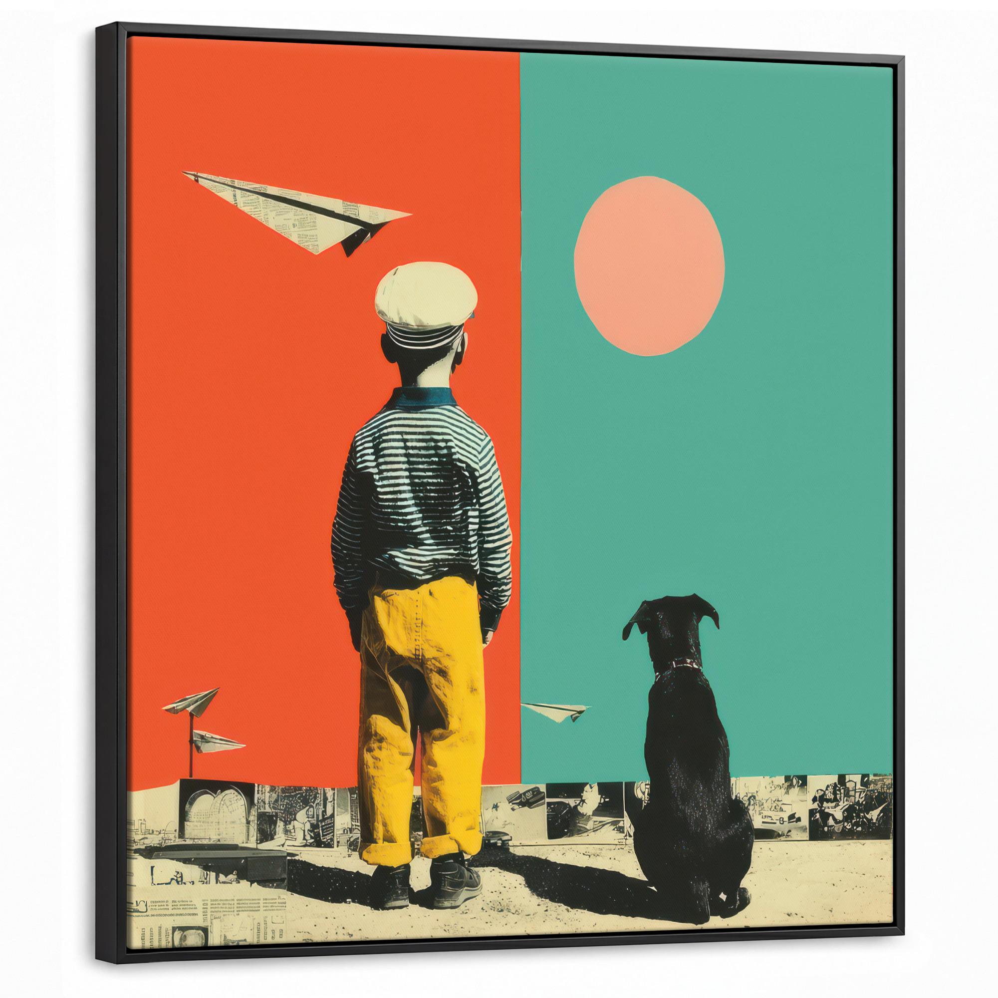 LEINWAND Bilder mit Rahmen - Retro - Junge - Hund - Rot - Grün - 90x90 - Orange, Textil (90/90cm) - MuchoWow