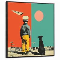LEINWAND Bilder mit Rahmen - Retro - Junge - Hund - Rot - Grün - 90x90 - Orange, Textil (90/90cm) - MuchoWow