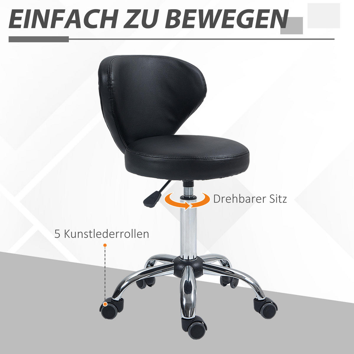 ROLLHOCKER Höhenverstellbar Schwarz 54.0/45.0/88.0 cm - Schwarz, Leder (45/88/54cm)