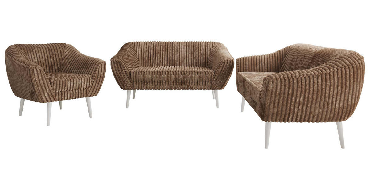 SITZGARNITUR PIRS 3+2+1 - Braun Cord - Weiße Beine - Braun/Weiß, Holzwerkstoff/Textil (180/75/74cm) - MKS