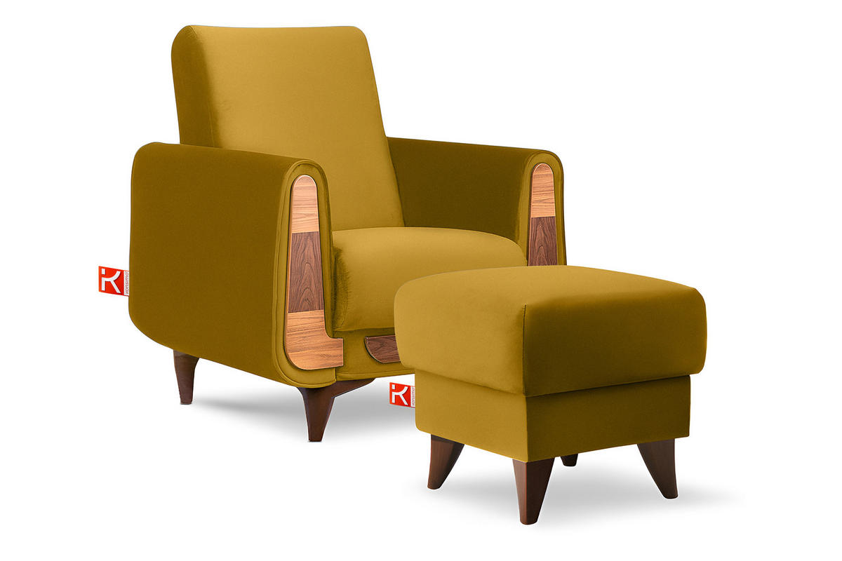 HOCKER GUSTAVO Fußstütze, Velours, Gelb - Gelb, Holz/Holzwerkstoff (53/49/53cm) - KONSIMO®