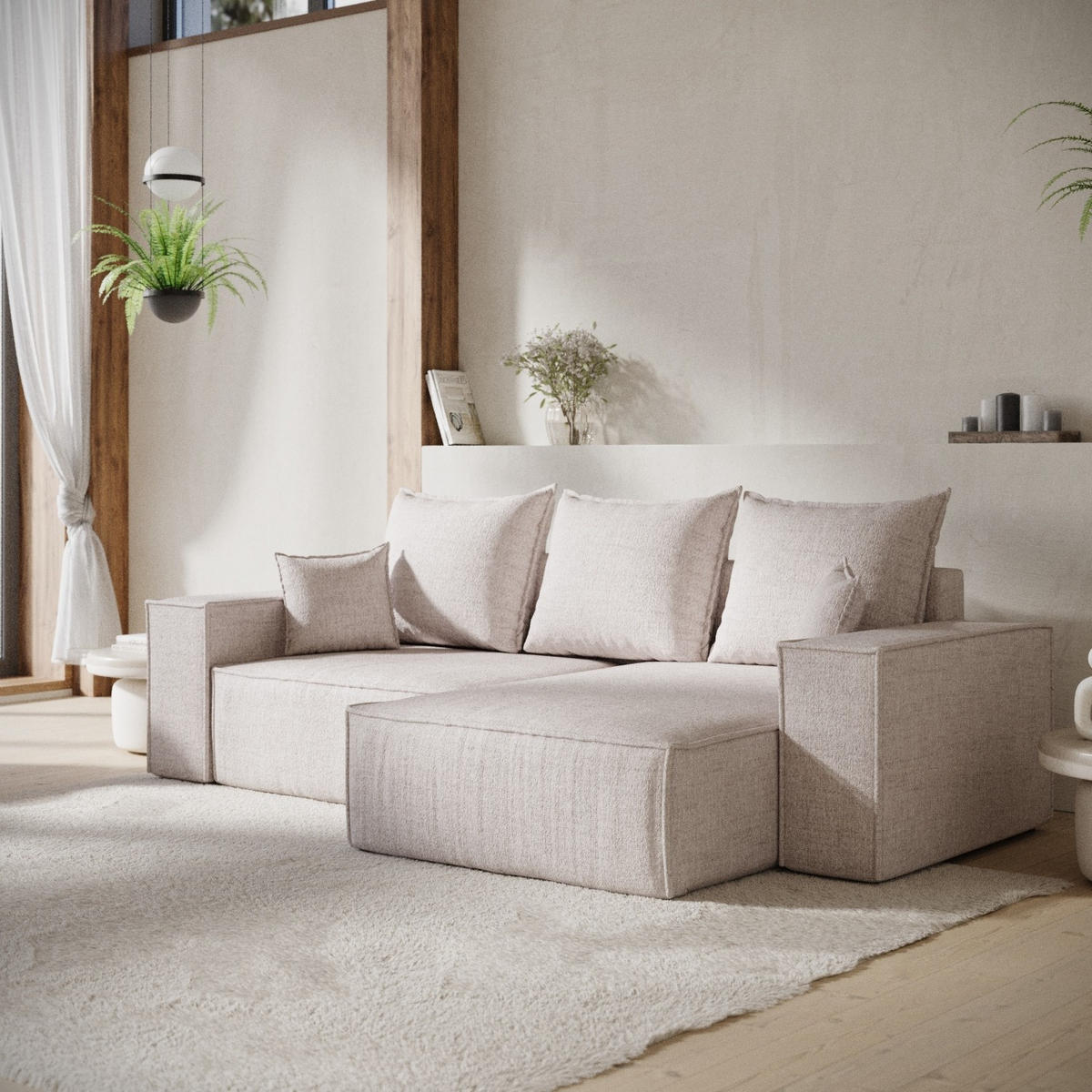 ECKSOFA SENSO mit Schlaffunktion Hellbeige im Neve Stoff - Sandfarben/Schwarz, Holz/Holzwerkstoff (255/148cm) - AltaBeds