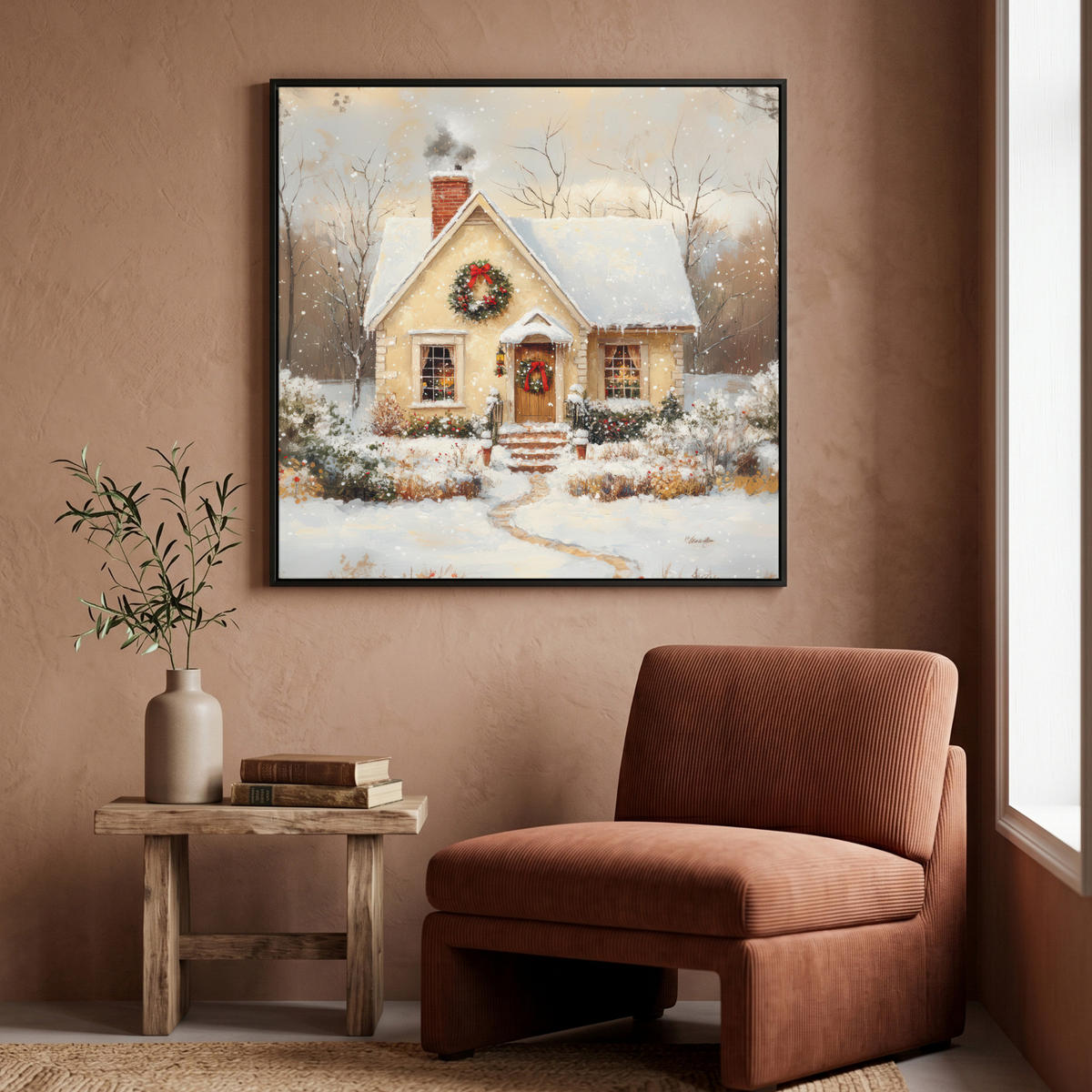 LEINWAND Bilder mit Rahmen - Weihnachten - Zuhause - Winter - Schnee - 90x90 - Creme, Textil (90/90cm) - MuchoWow
